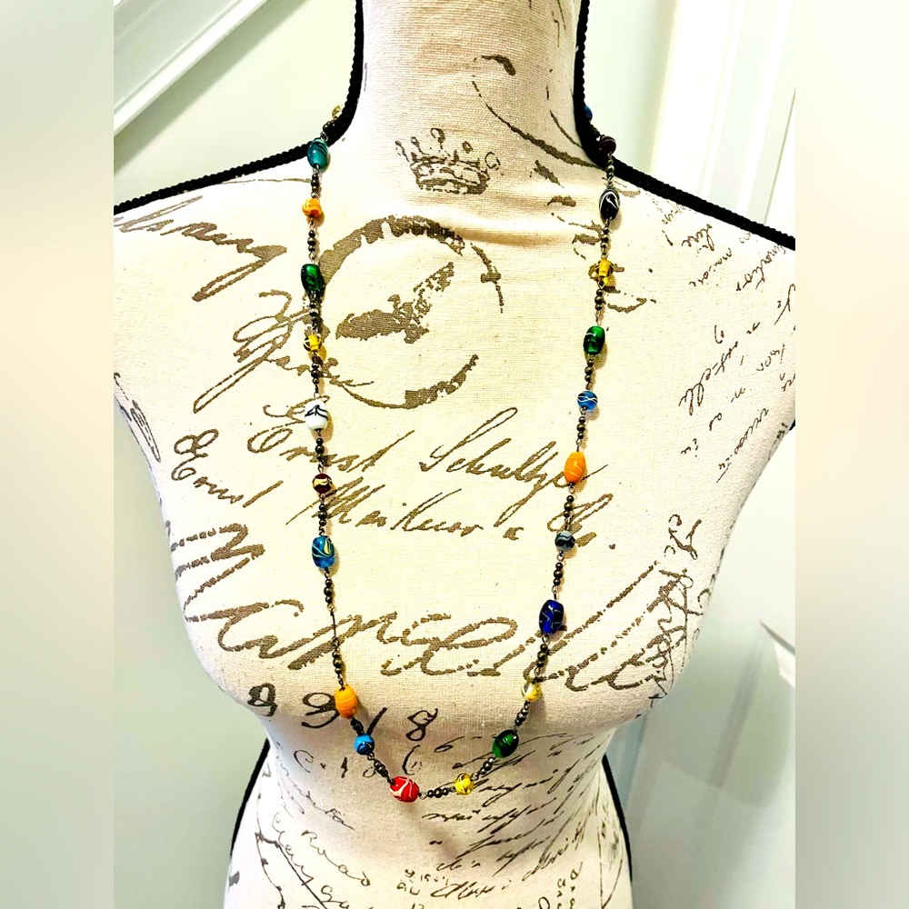 VINTAGE Murano Millefiori Glass Necklace 32” L, Artisan Statement Necklace